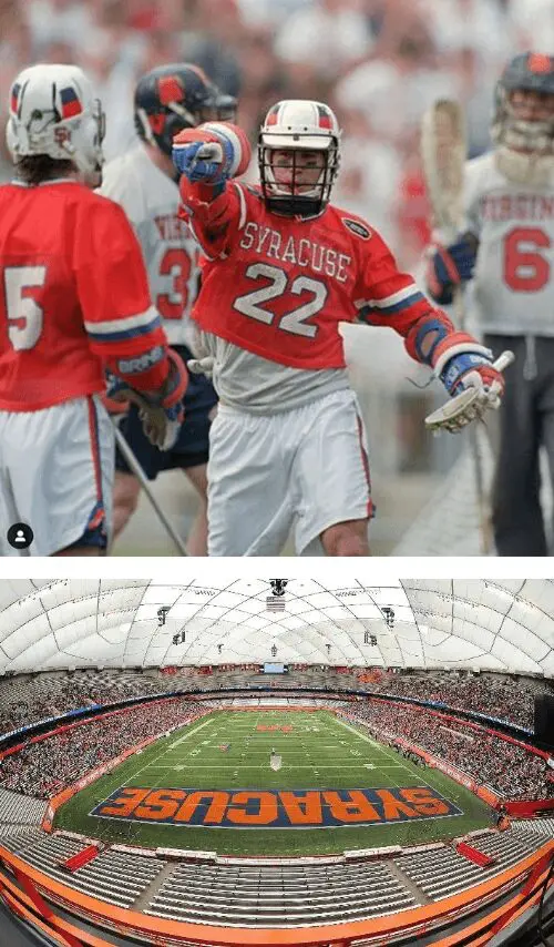 A group of people in red and white uniforms playing lacrosse.